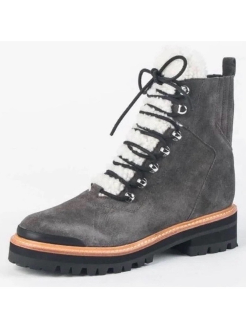 Marc Fisher Izzie Gray Suede Lace-Up Shearling Ankle Boots